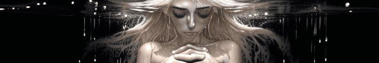AI generated: 3/4 shot, black and white photograph, a woman covering her chest with her hands, eyes closed, long w...