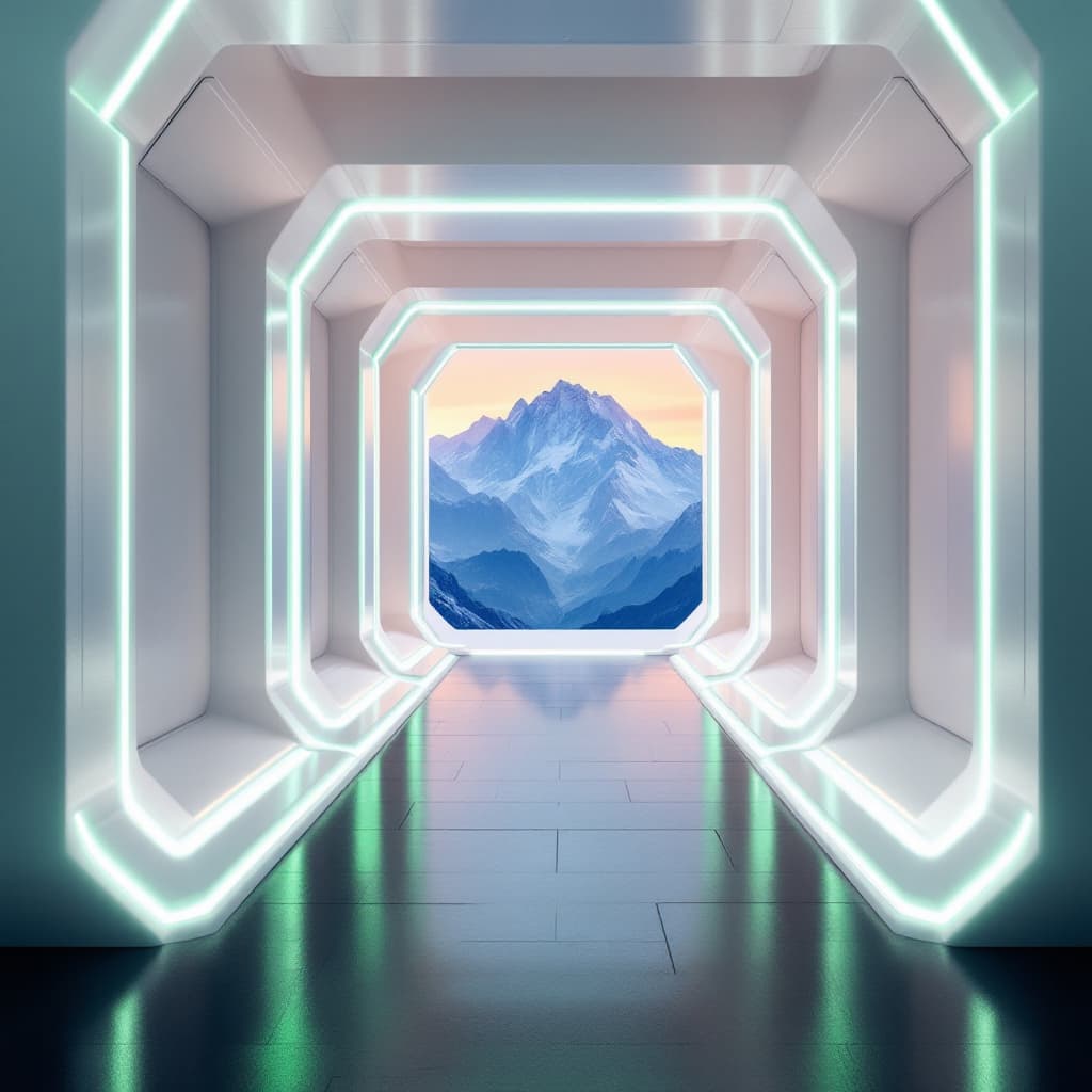 AI generated: futuristic corridor, neon green illumination, geometric white walls, mountain vista framed view, sun...