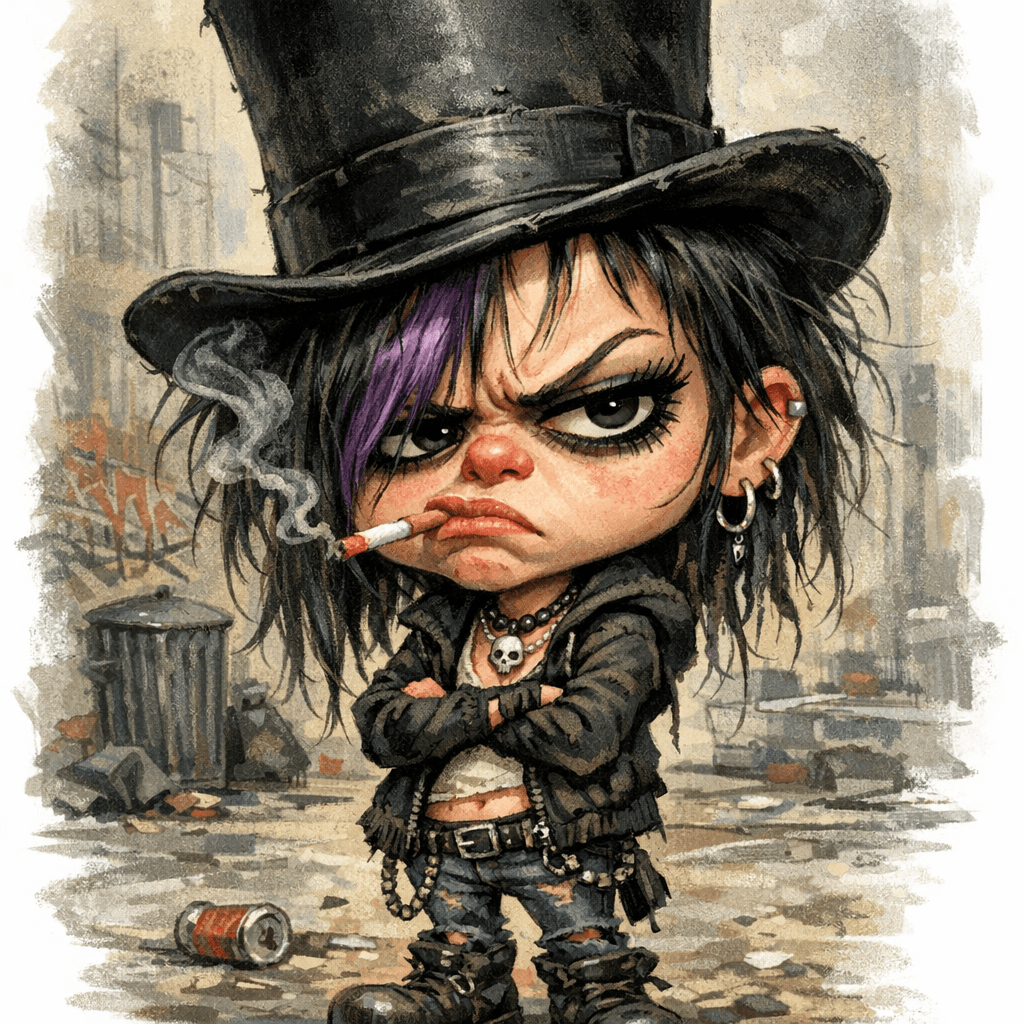 AI generated: funny caricature, grumpy urban girl,17 years old, scruffy, streetwise, top hat annoyed, girl with an...