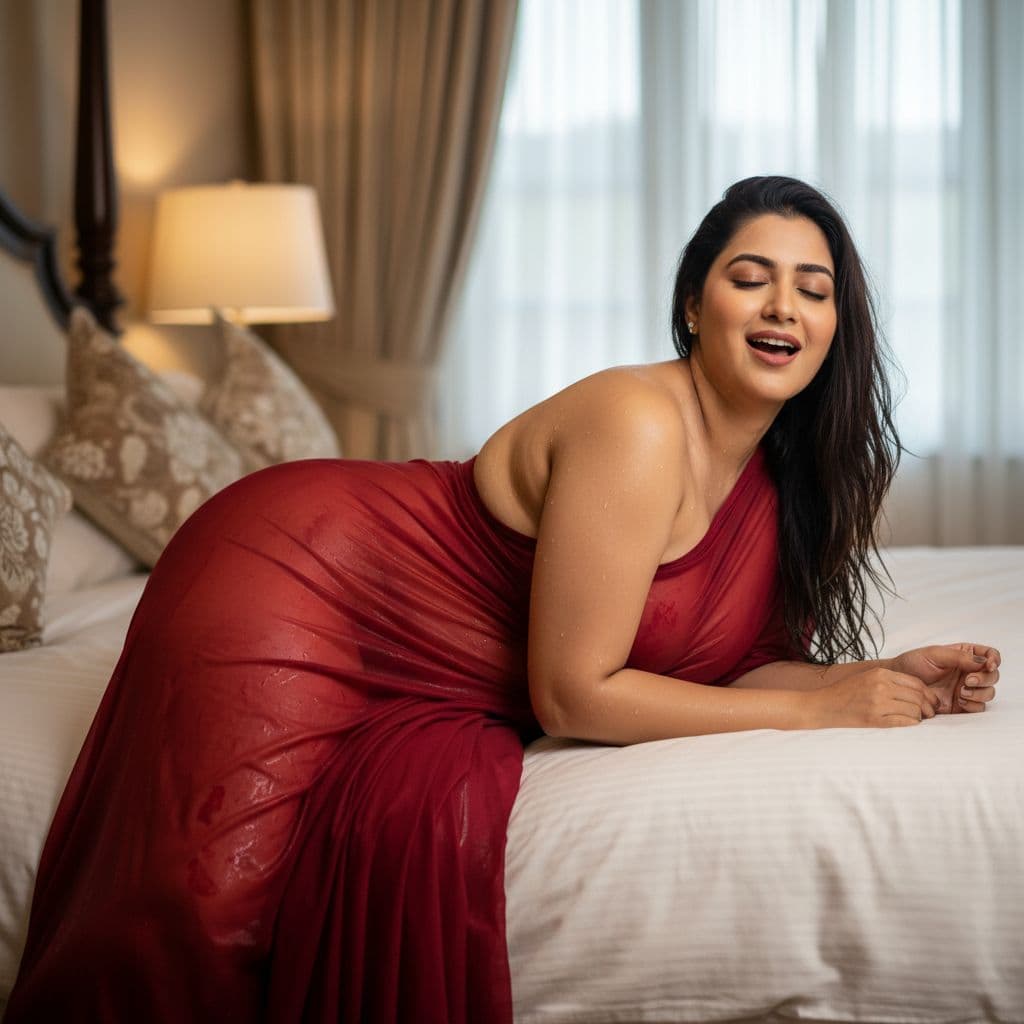 AI generated: Transparent Red wet saree Indian woman, without blouse, tight, sleeping on edge on bed, curvy body, ...