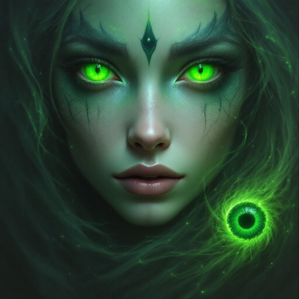 AI generated: A striking portrait with glowing emerald-green eyes.
A mythical creature with hypnotic green eyes th...