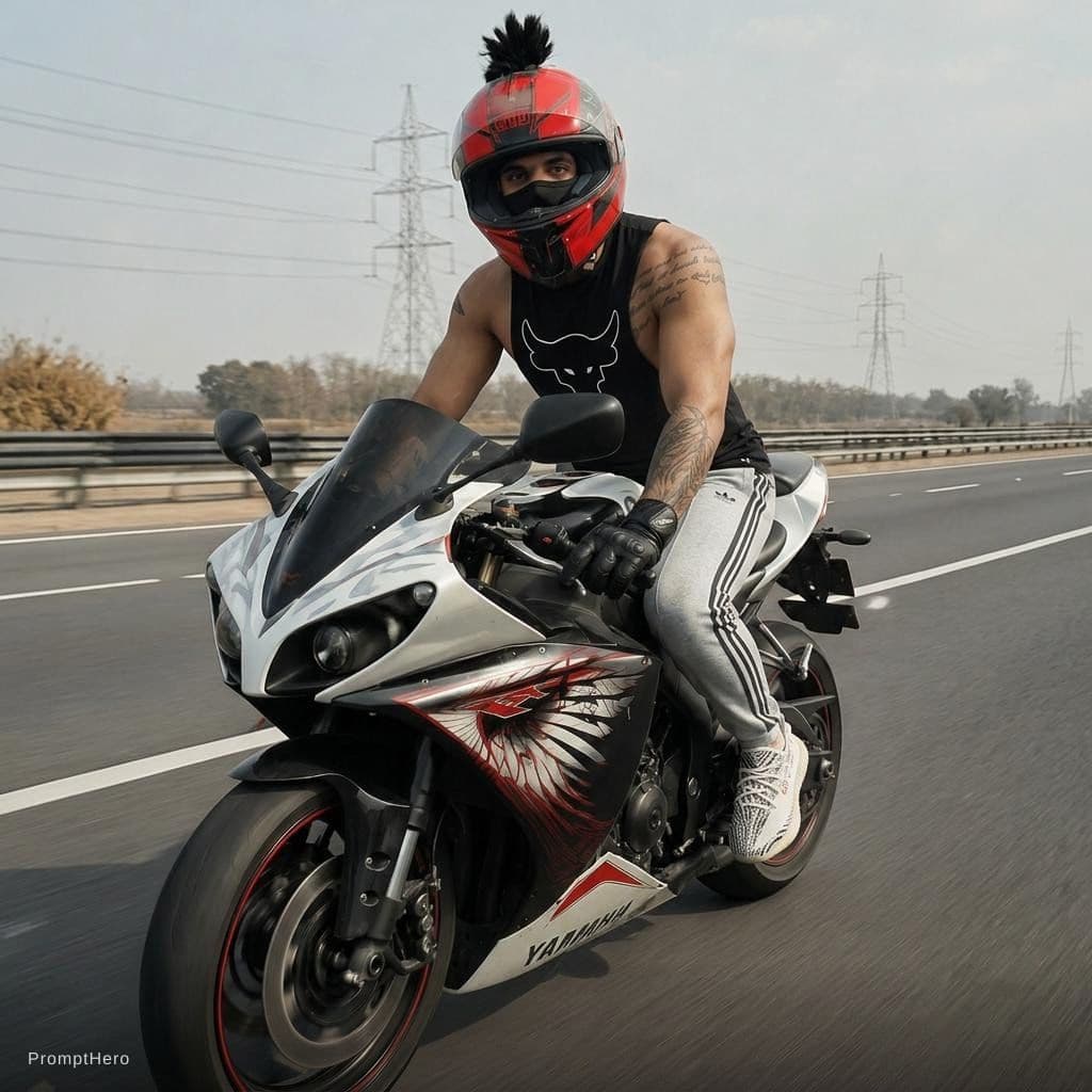 AI generated: Change the body of the riding Biker to be the body of the uploaded photo