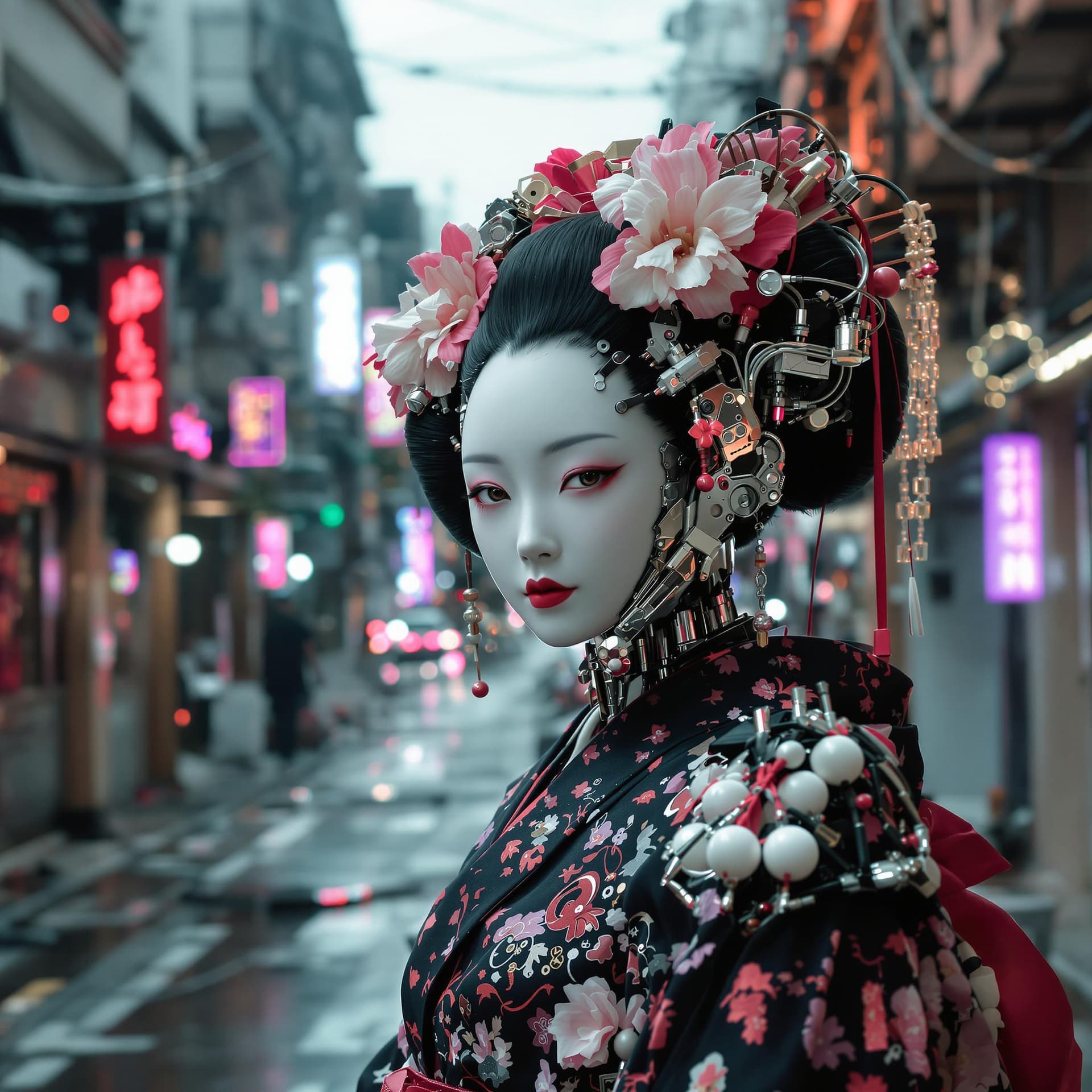 AI generated: High resolutions.Hyperdetailed cyborg humanoid robot young geisha in the street of a post-apocalypti...