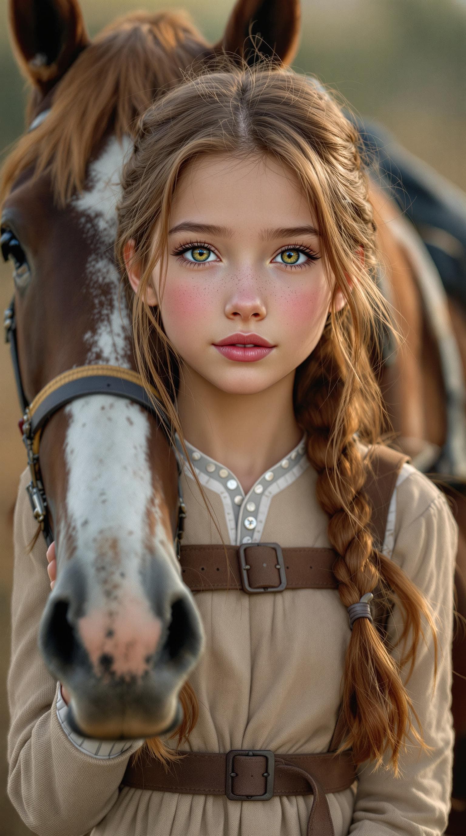 AI generated: A professional photograph captures an extraordinarily beautiful Mennonite girl in second grade, depi...