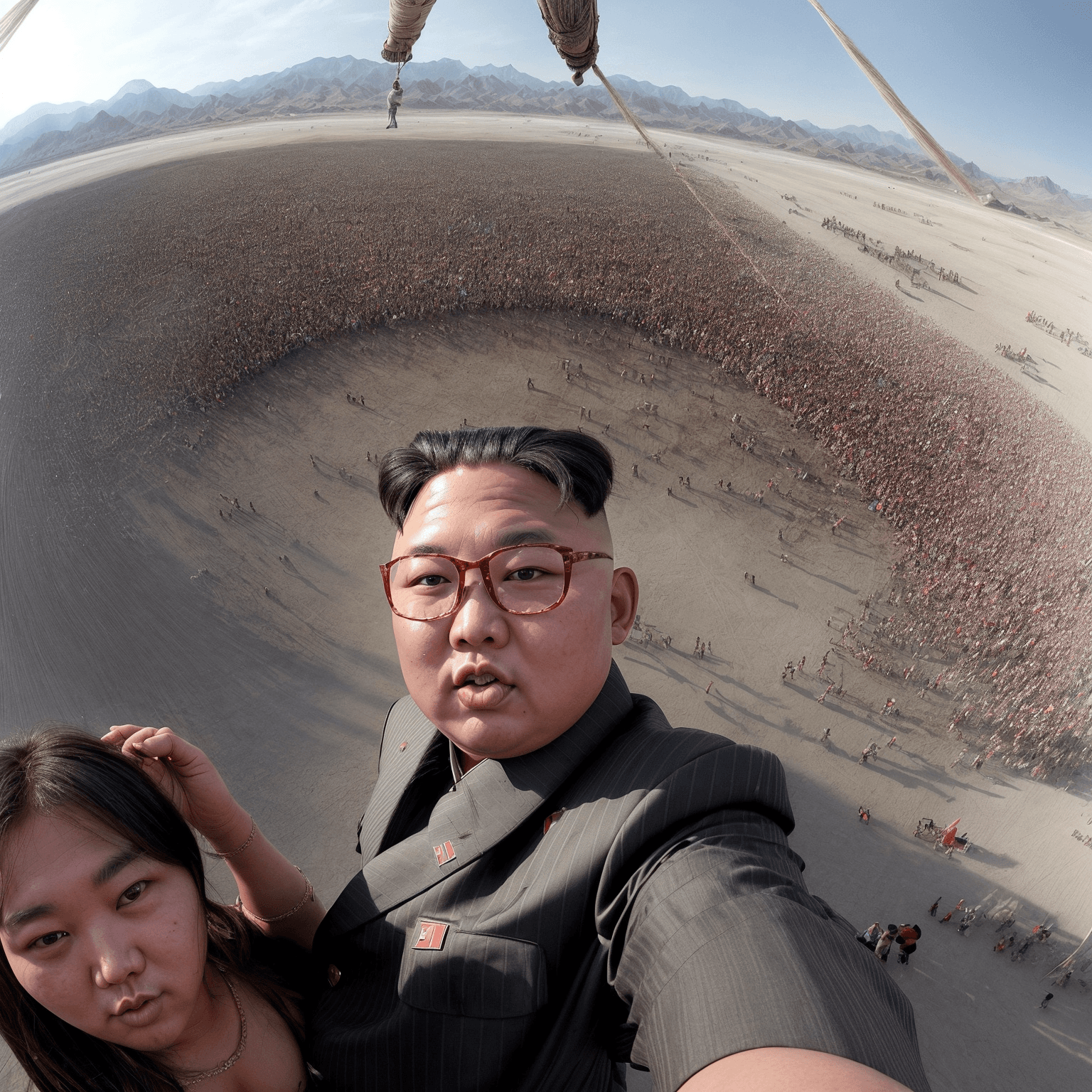 AI generated: a photo of (kim jong un) dressed dirty clothes as young hippie hanging out at The Burning Man festiv...