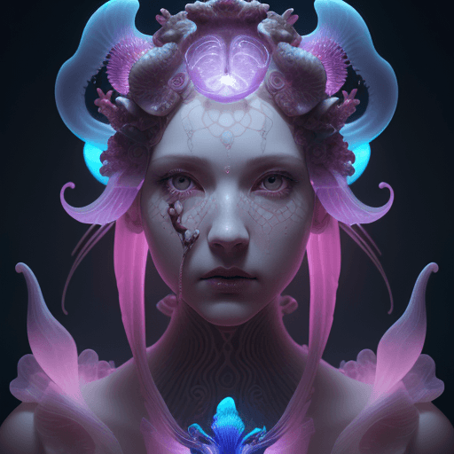 AI generated: Goddess close-up portrait ribcagel. jellyfish phoenix head, nautilus, orchid, skull, betta fish, bio...