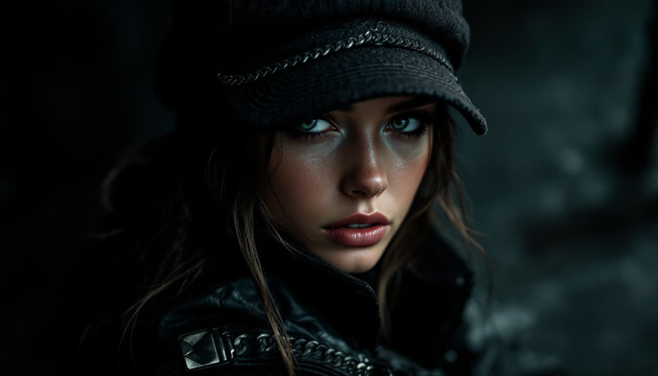 AI generated: photograph, upper-body shot, young woman model, heavy metal, street fashion style, black cap, gaze t...