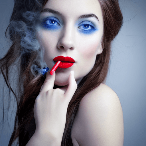 AI generated: innocent brunette girl
 with red lips and blue eyes 
smoking long white cigarette