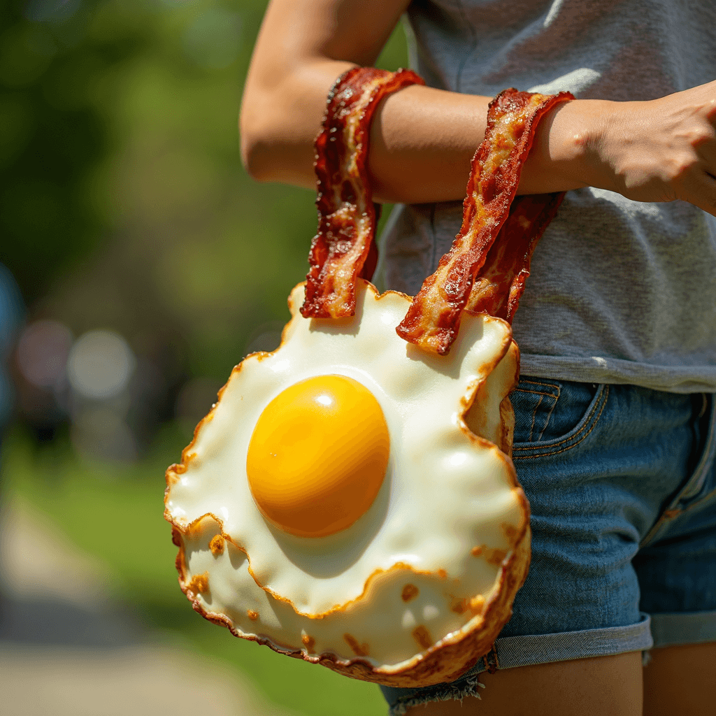 AI generated: A whimsical bag crafted from a perfectly fried egg hangs effortlessly on a woman’s shoulder, its bri...