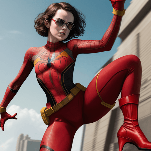 AI generated: DAISY RIDLEY IN A SPIDER-WOMAN COSTUME, THAT IS RED SPANDEX, WITH YELLOW BOOTS AND GLOVES, WEARING R...
