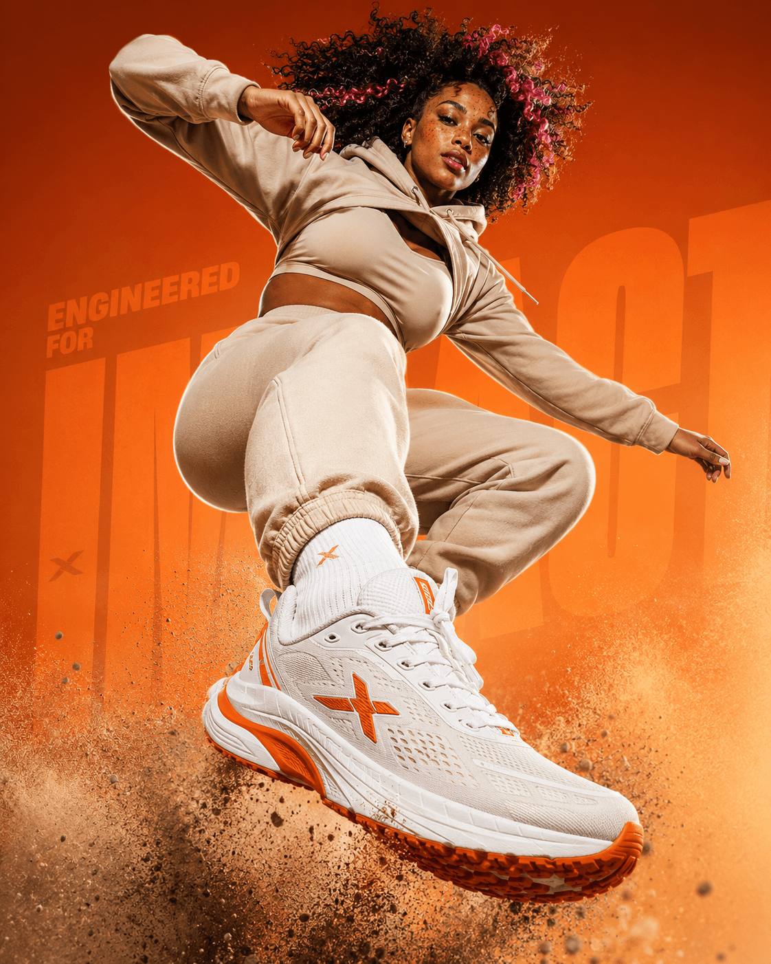AI generated: Dynamic sportswear ad featuring an athletic model mid-air, jumping toward the camera. Dramatic low-a...
