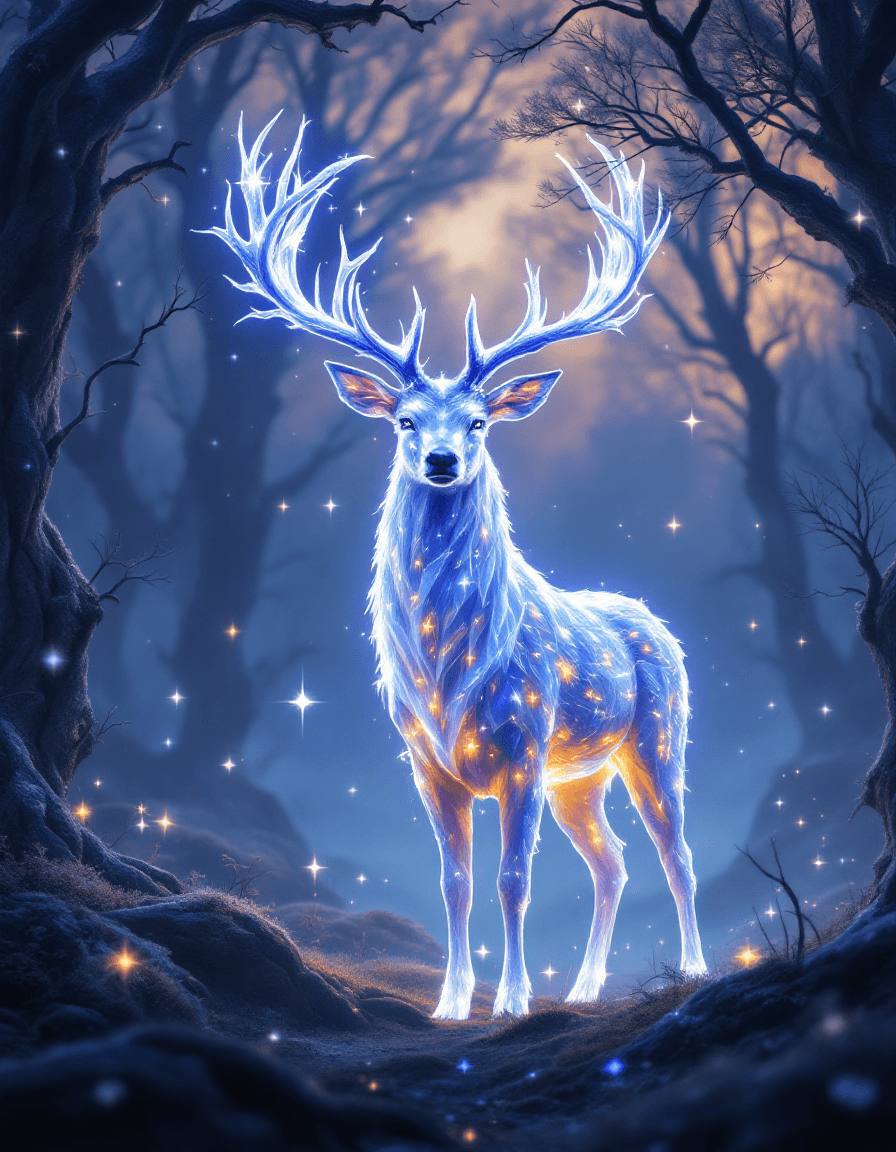 AI generated: A majestic, glowing deer with crystalline antlers stands poised at the center of a mist-shrouded, en...