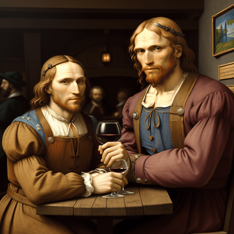 AI generated: Both Leonardo da Vinci as Renaissance man and van Gogh from 19th century sit at the same table in th...
