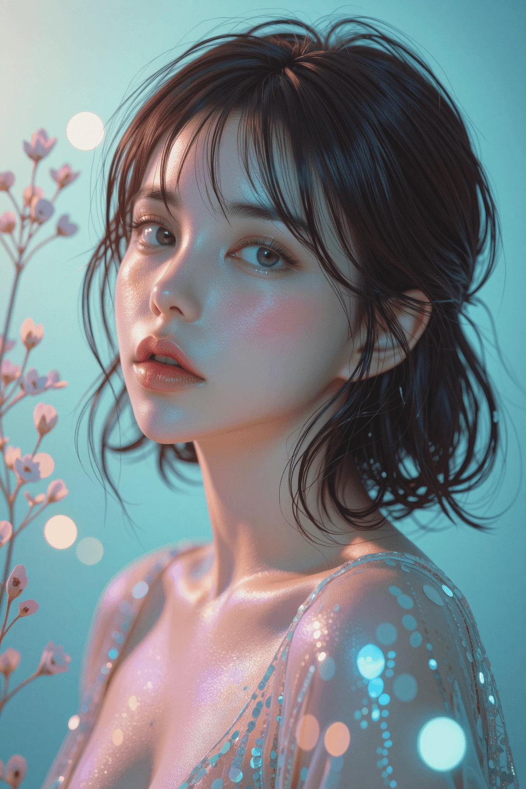 AI generated: ultra-detailed, hyper-realistic ethereal portrait of a young woman [image uploaded] — three-quarter ...