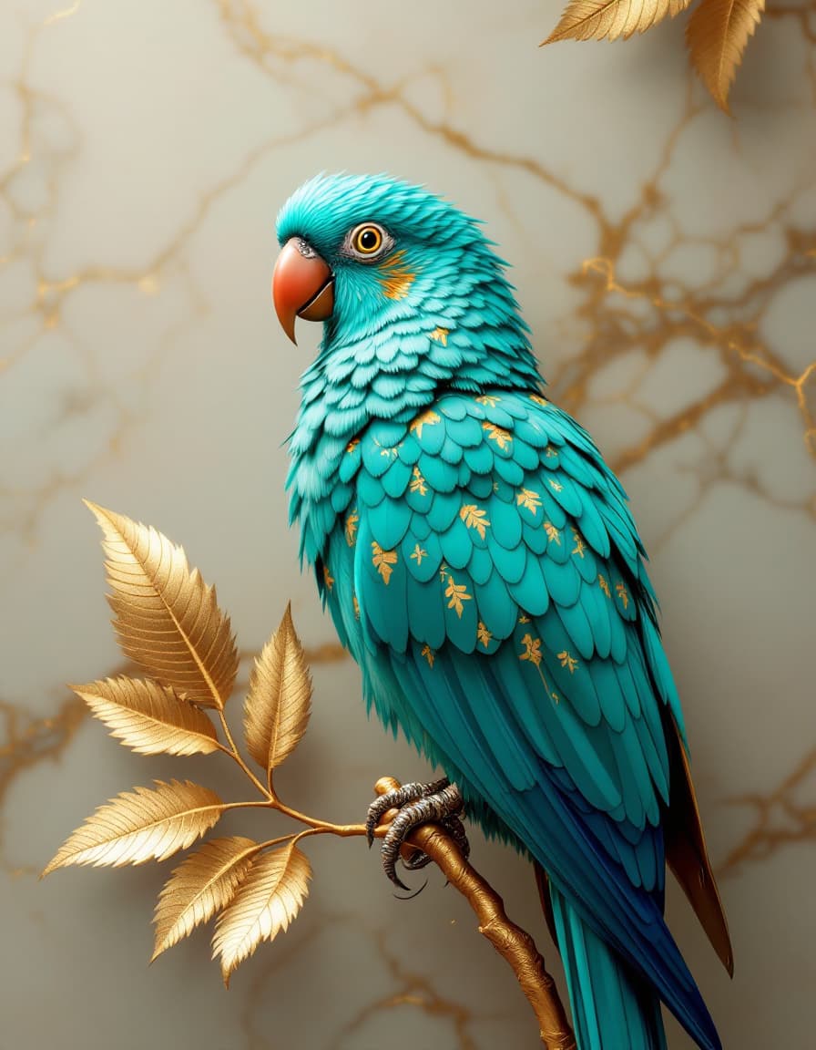 AI generated: A highly detailed and realistic digital artwork of a majestic turquoise parrot with golden inlay pat...