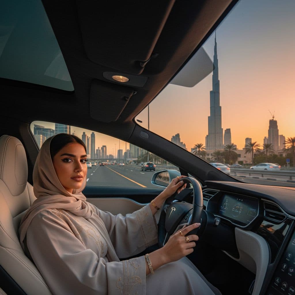 AI generated: 		1. Luxus und Mobilität – Frau in einem Luxusauto:
Eine arabische Frau in einem luxuriösen Auto (z...