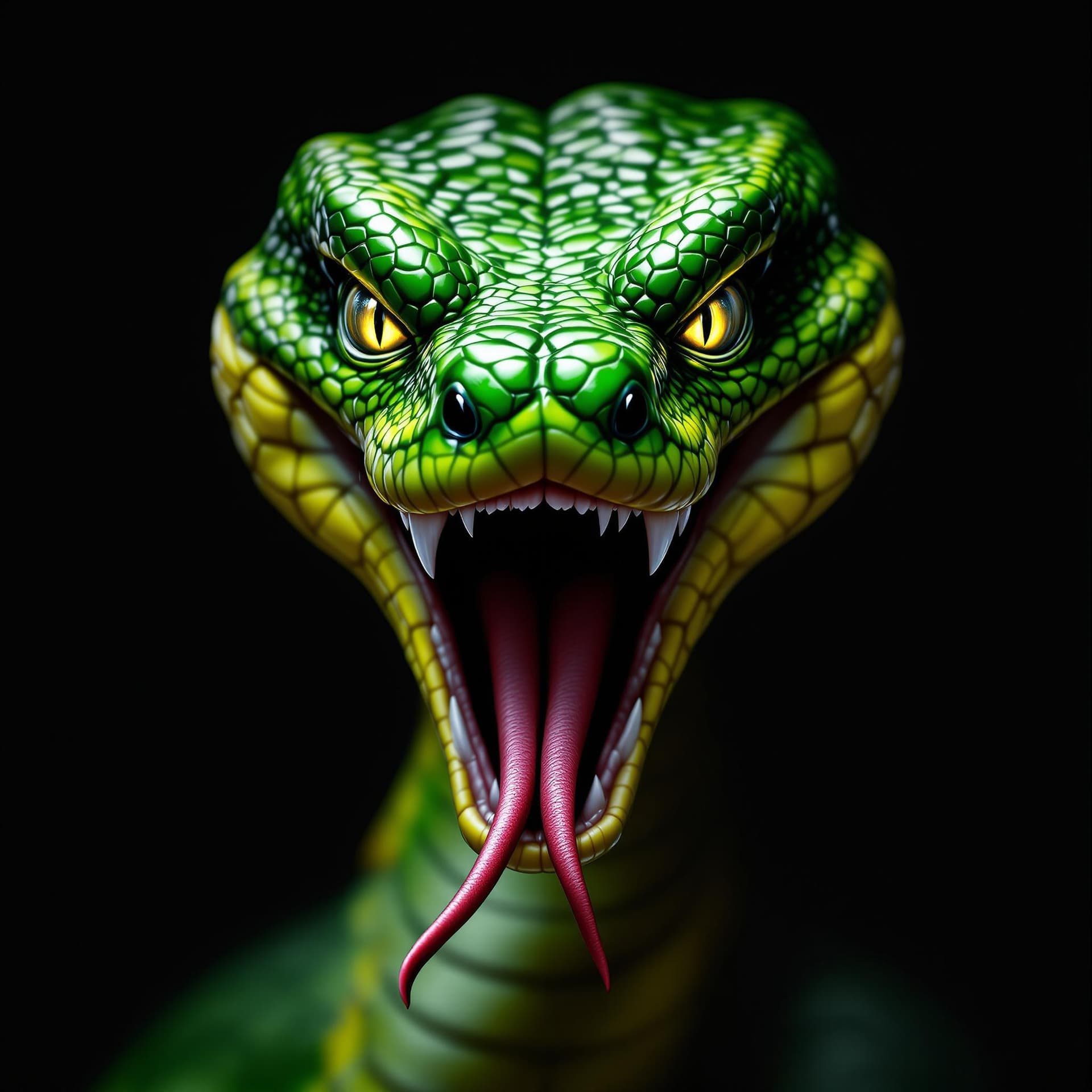 AI generated: A green and yellow snake with its mouth open, hyper-realistic animal illustrations, detailed charact...