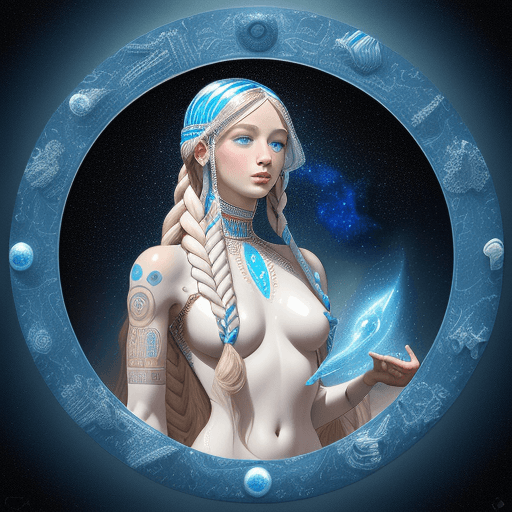 AI generated: Birth of Venus painting with pure white shiny translucent Egyptian Arab skin android with large trib...