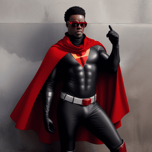 AI generated: a black man wear a  cape, cowl, gloves, briefs, and boots are usually black blue with the body of th...