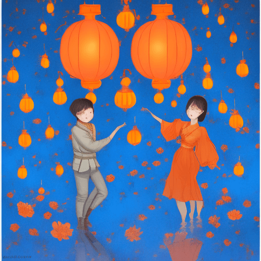 AI generated: Deep blue sky, orange, Kongming lanterns flying in the sky, late at night girl and boy in love ,flow...