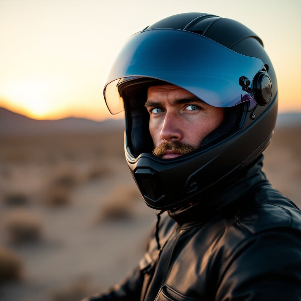 AI generated: man standing next to motorcycle with full face helmet the lens is blue reflective.  The background i...