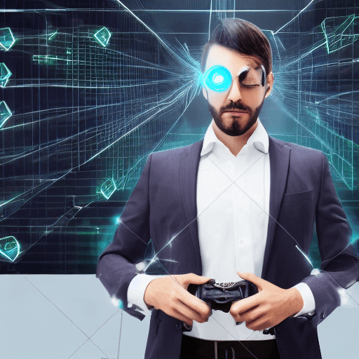 AI generated: Create a modern gaming image of a company manager at his office in a modern IT environment with a ma...