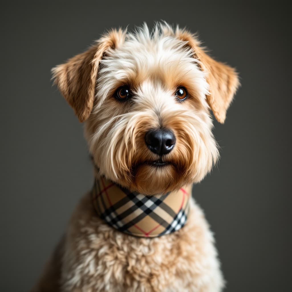 AI generated: an adult soft coated wheaten terrier with the traditional wheaten hair cut that covers the eyes  poi...