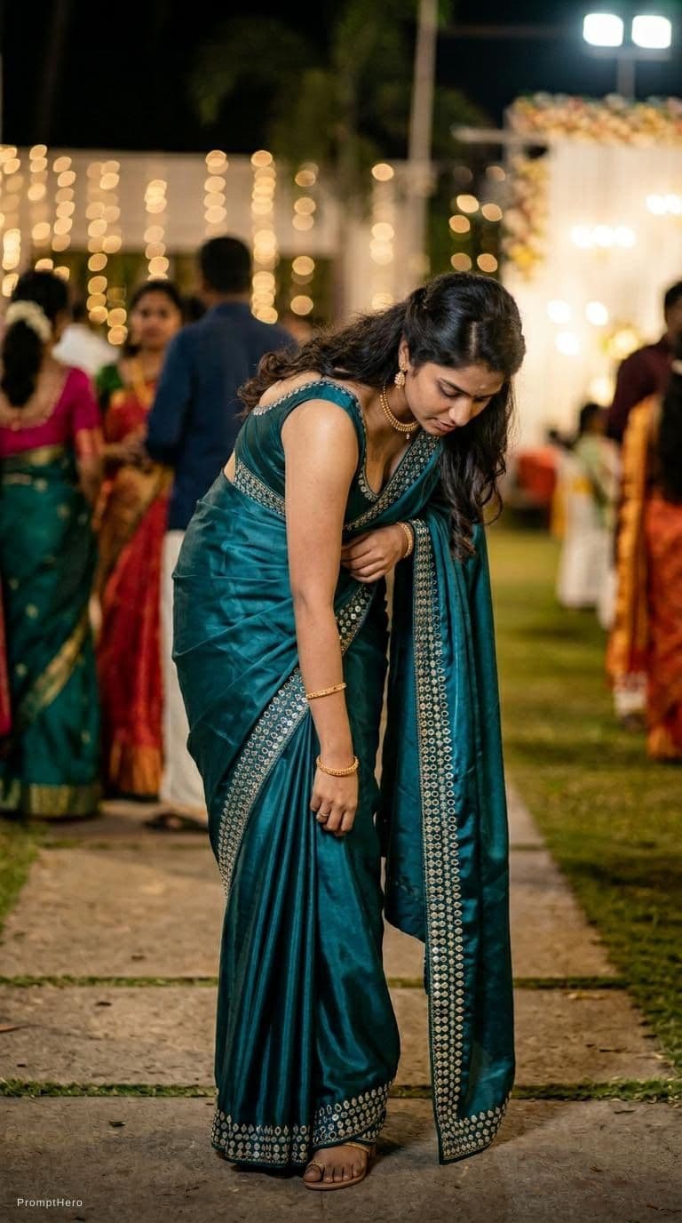 AI generated: Tamil girl. modern sexy glossy mirror saree, wearing saree saree saree model. glossy mirror saree Na...