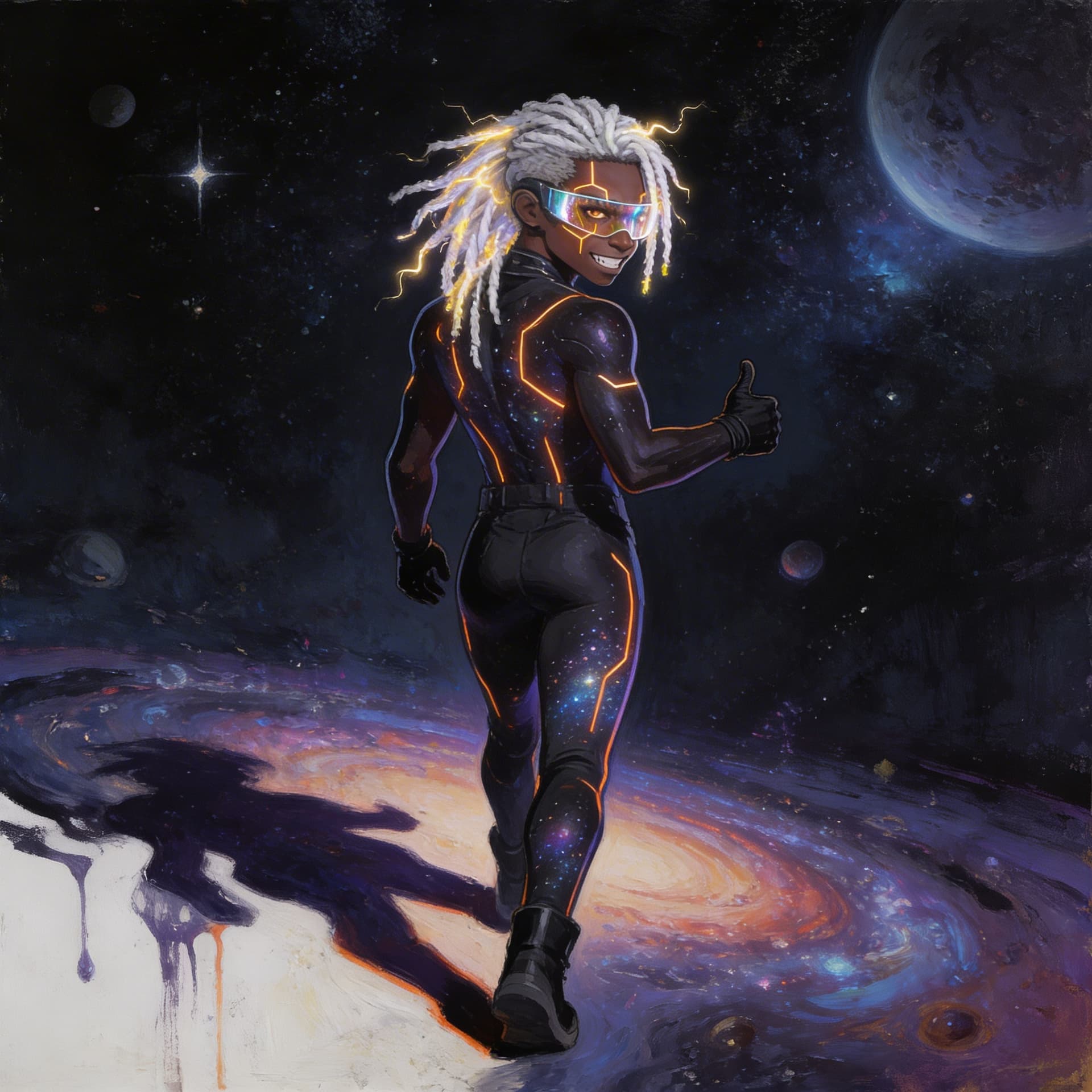 AI generated: back view of a 3d illustrated african american superHERO standing walking away with white glowing sh...