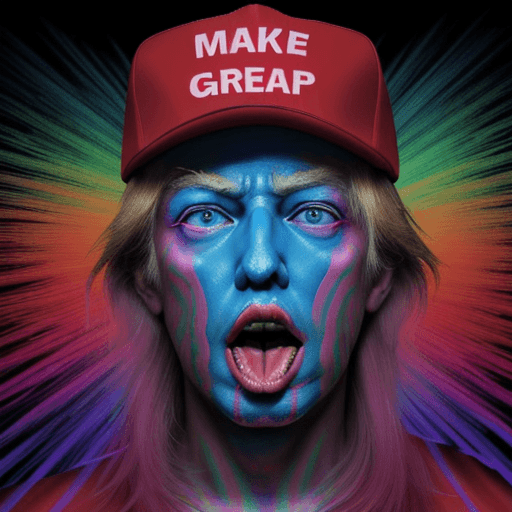 AI generated: donald trump  on a psychedelic trip with an open mouth and glowing eyes, with the make america great...