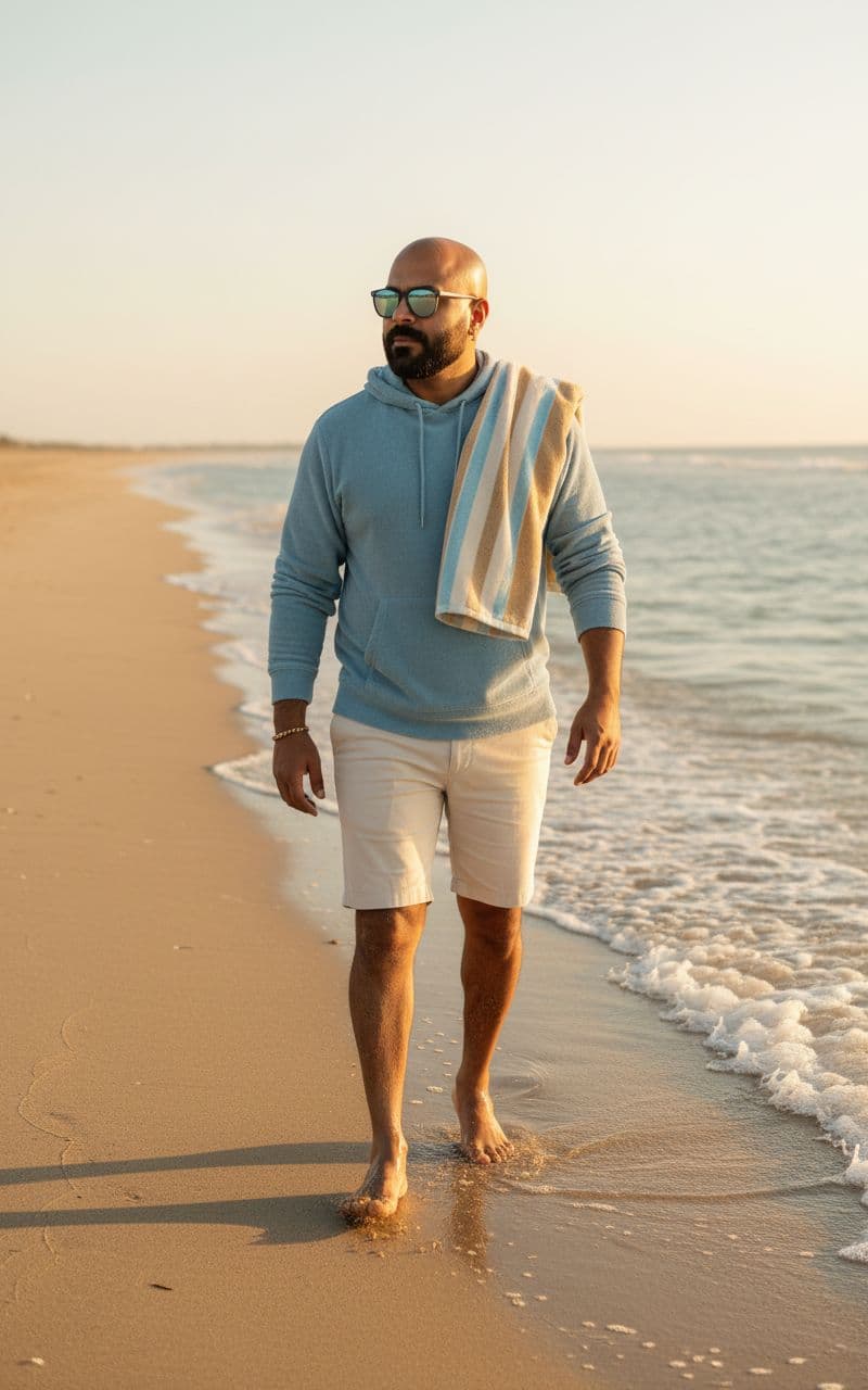 AI generated: Subject: A relaxed late-20s man. Clothing: Light blue terry cloth hoodie, tailored cream-colored sho...