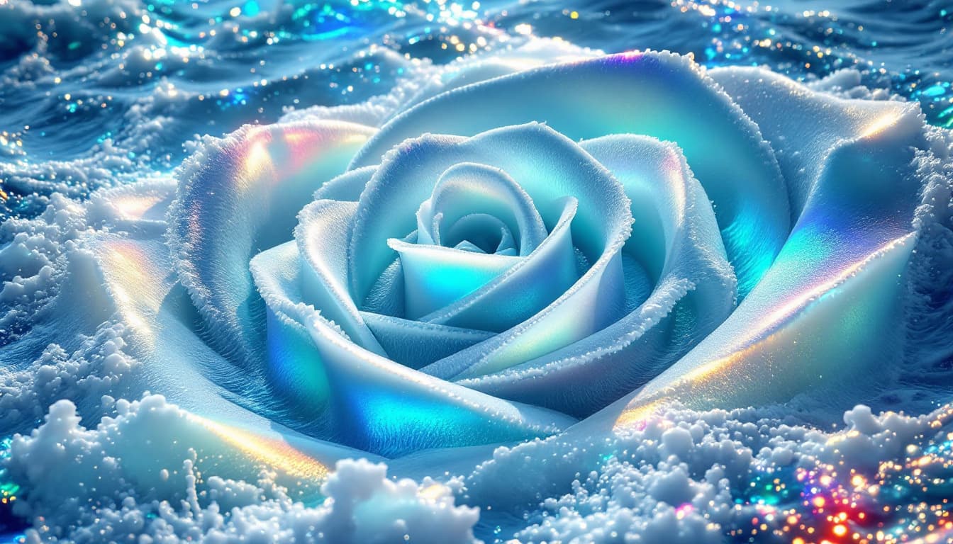 AI generated:  sea scape and giant rose pattern ocean wave with sea foam, in a shape of a rose, crashing on the sh...