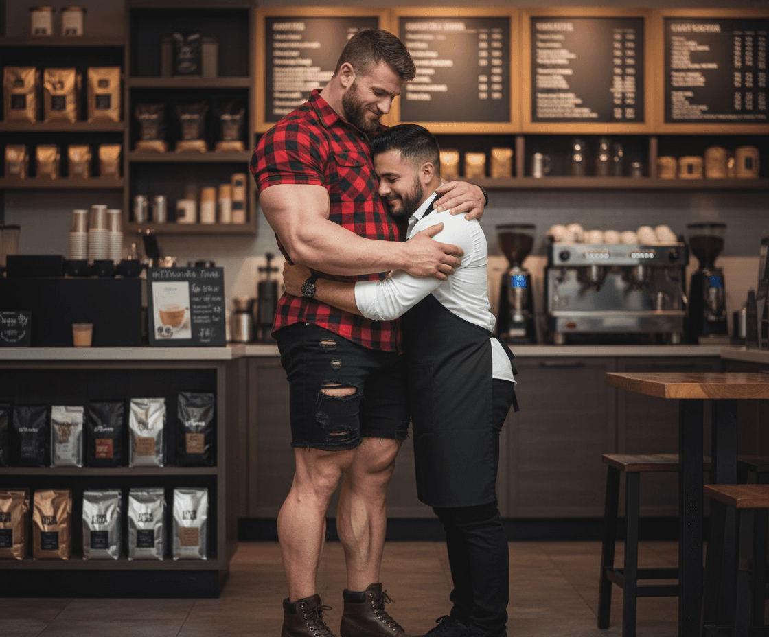AI generated: Bodybuilder 6"4' tall is standing at the coffee shop, he is wearing a lumberjack shirt short sleeve,...