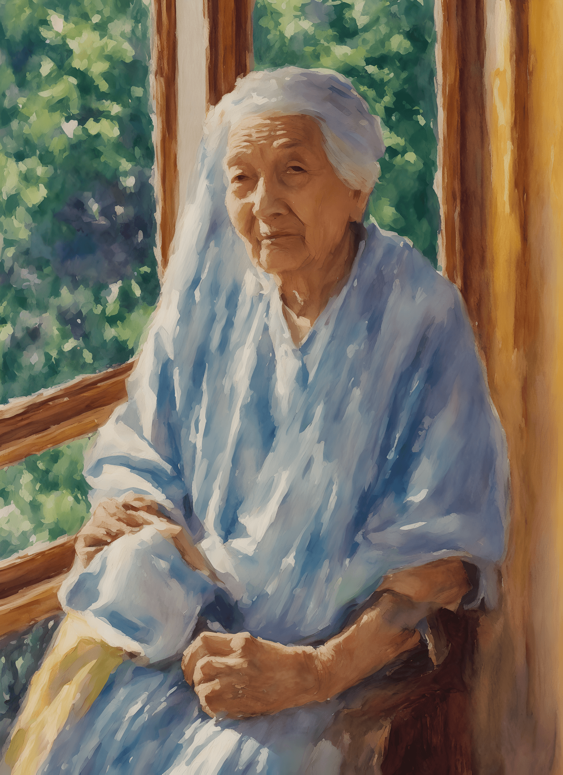 AI generated: Watercolor painting depicts a wise elder seated by a window, afternoon light illuminating her weathe...