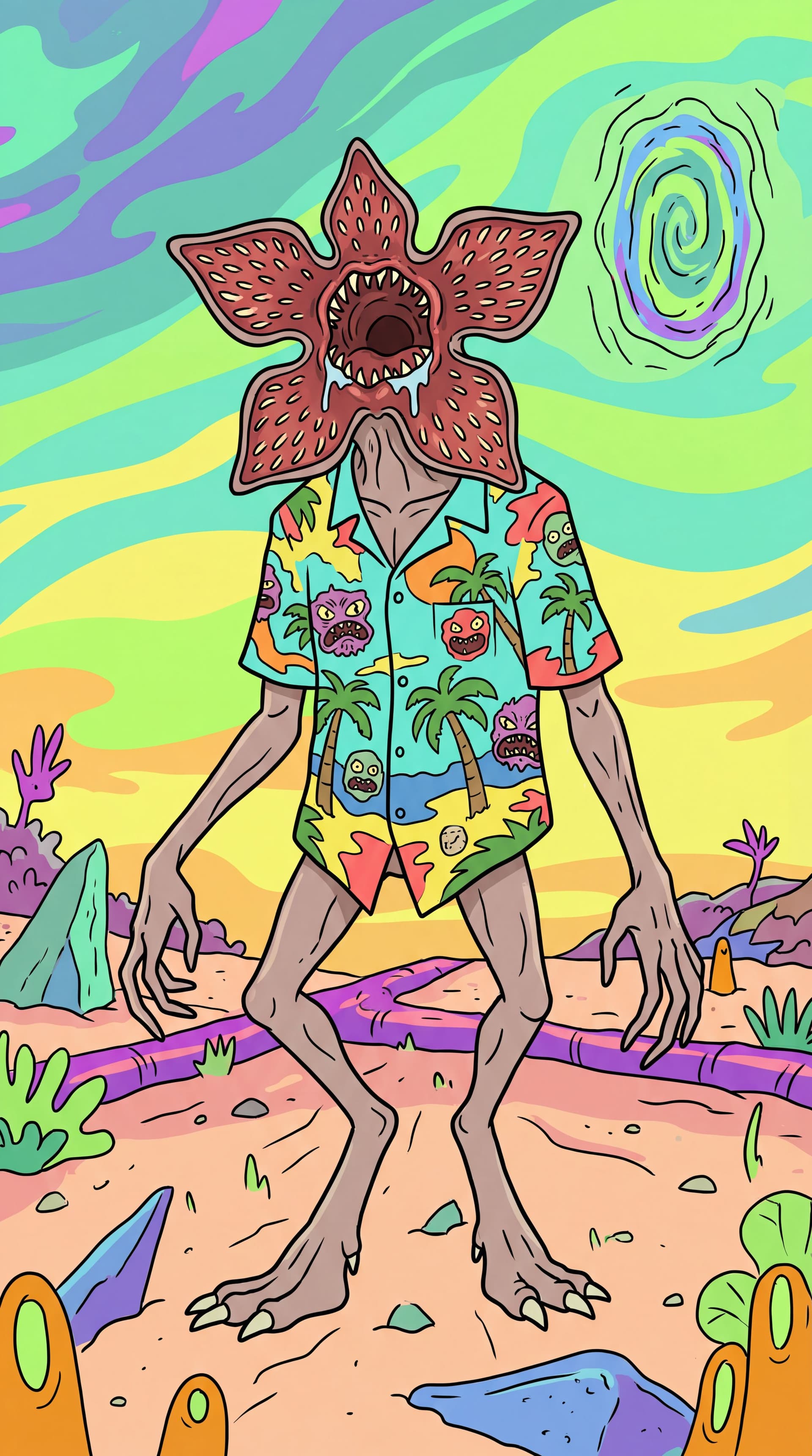 AI generated: Create a Demogorgon in Hawaii shirts from Stranger Things full body character in iconic Rick and Mor...