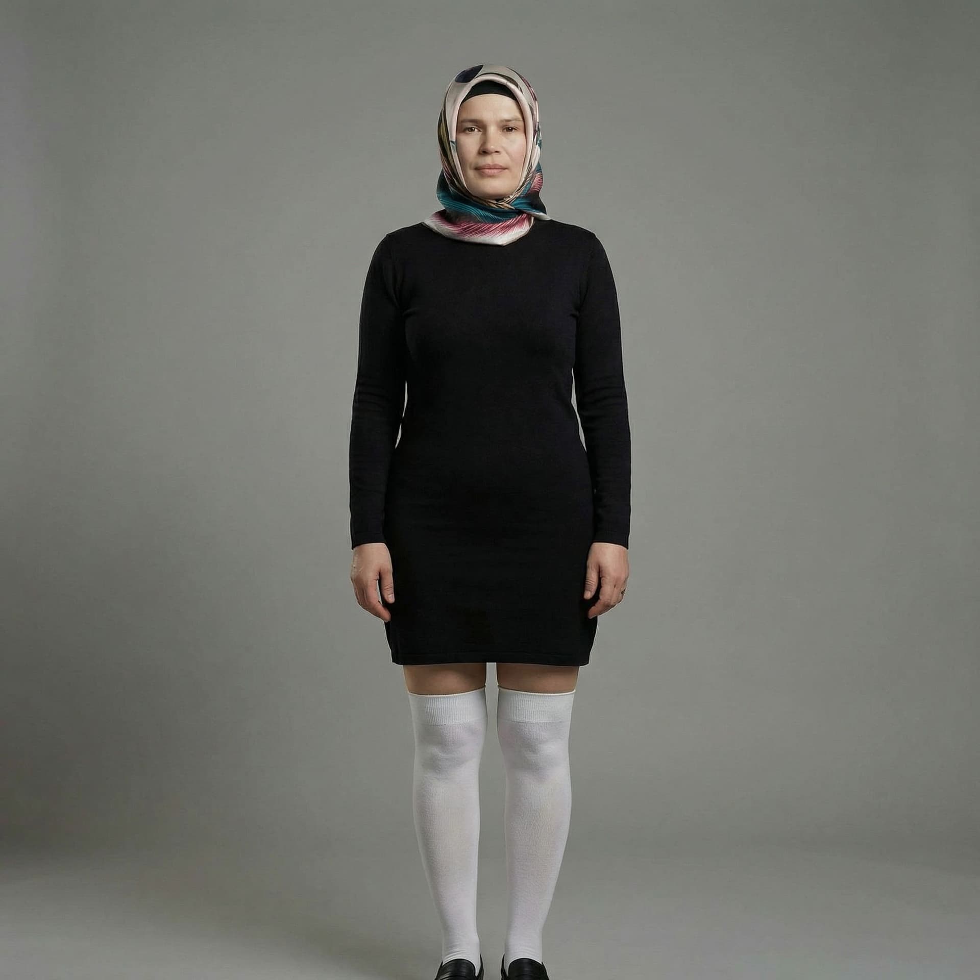 AI generated: mini black dress white Thigh-high socks