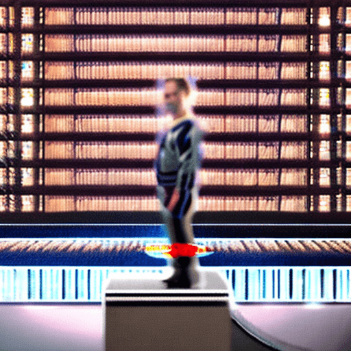 AI generated: A cinematic shot of a live show with a celebrity hologram. The host is a clean-shaven, older white m...