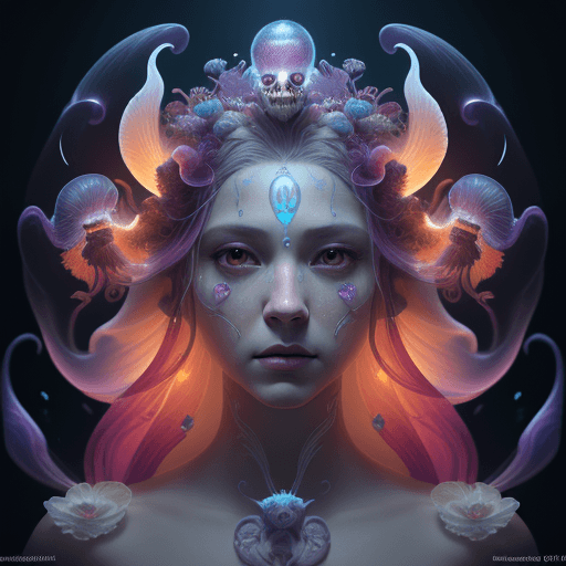 AI generated: Goddess close-up portrait ribcagel. jellyfish phoenix head, nautilus, orchid, skull, betta fish, bio...