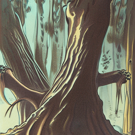 AI generated: 1970s dark fantasy book illustration art Frazetta-style drawing of sick-looking woods.  with very fa...