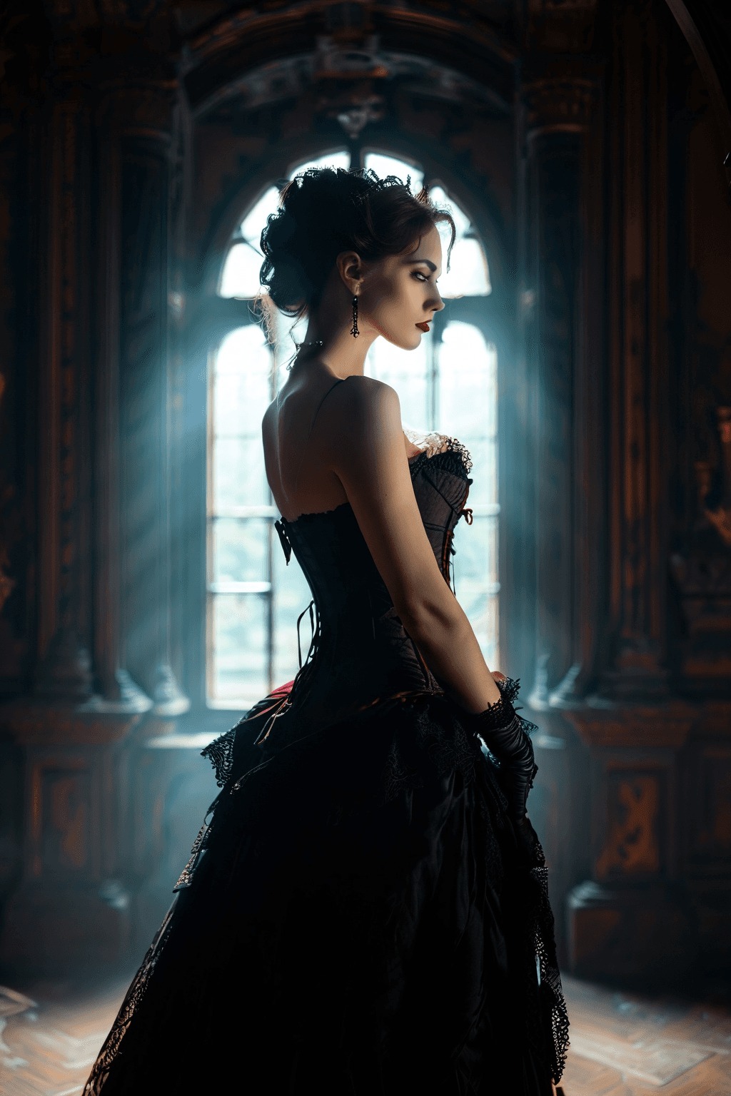 AI generated: vampire woman, corsete, standing in dark vintage castle room, victorian era, profile side view by wi...
