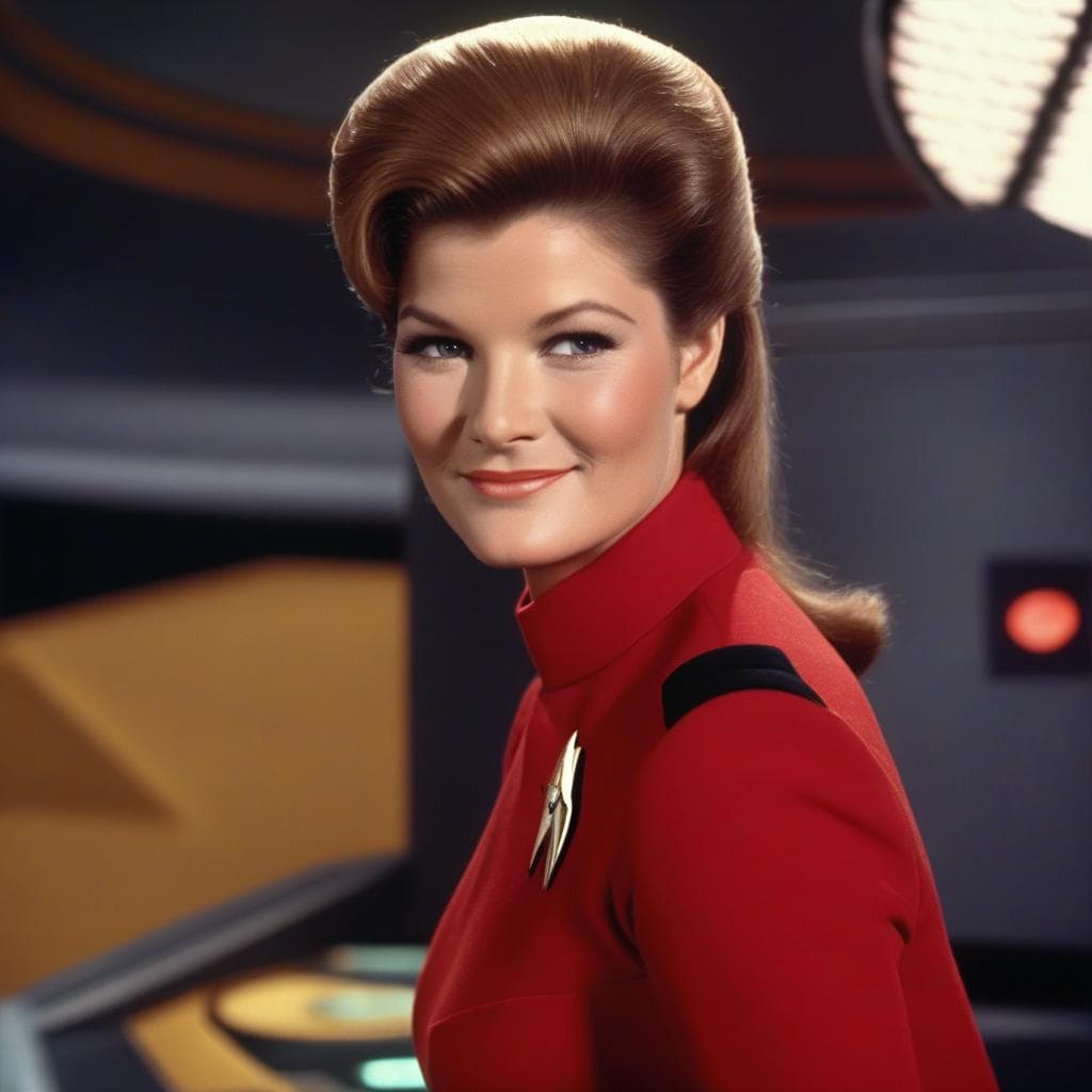 AI generated: 1969 portrait of young Kate Mulgrew as (Kathryn Janeway as a Star Fleet Academy freshman), smiling, ...