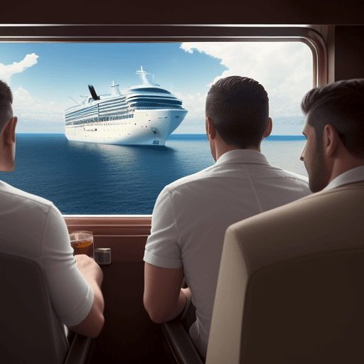 AI generated: Genera una imagen detallada de cuatro hombres rusos viajando en un crucero en un mundo postapocalípt...