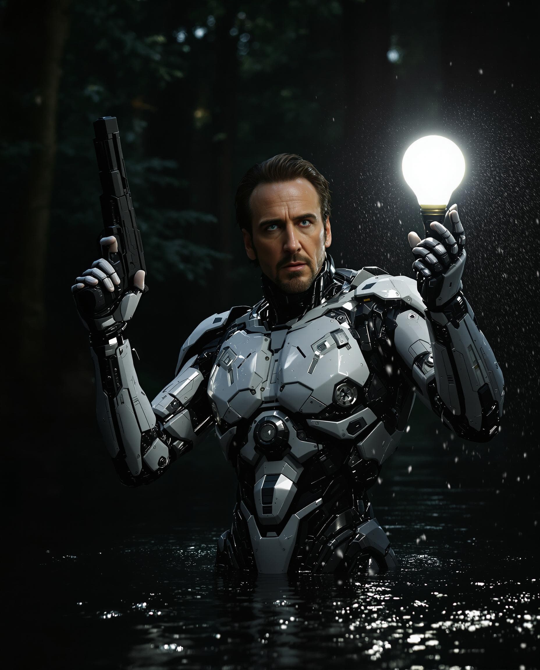 AI generated: The real photo is of a American powerful man Nicolas Cage, with a futuristic cybernetic robot body, ...