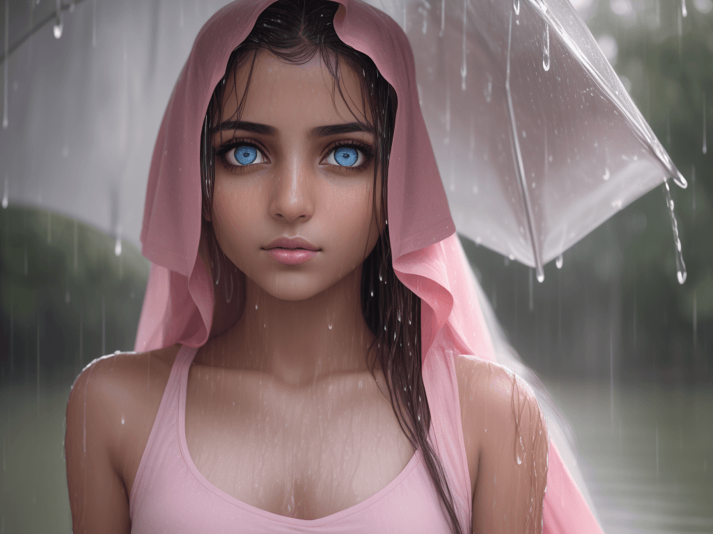 AI generated: Arabian girl, portrait, girl portrait, beautiful girl, girl in the rain, rain, water, pink t-shirt, ...