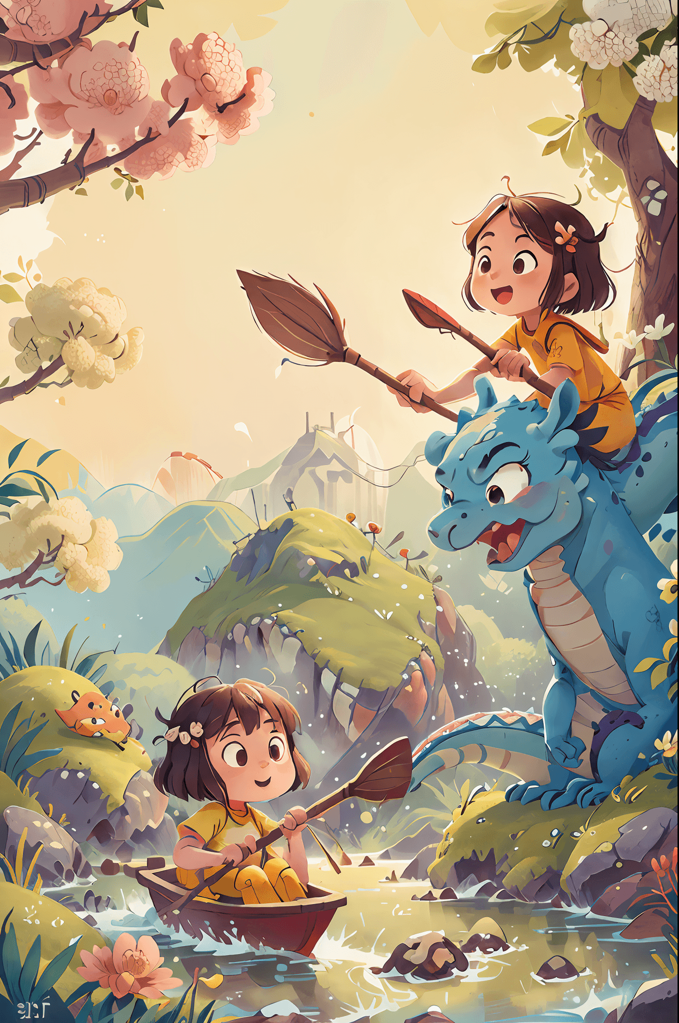 AI generated: Poster design, (SFW), two rowing girls, Chinese dragon, spring outing, happy, background is a small ...