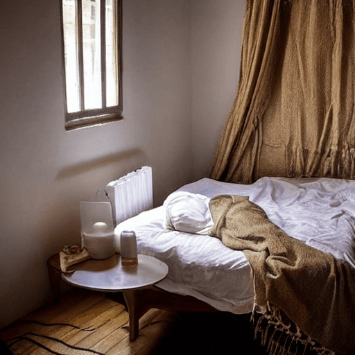 AI generated: In the dimly lit room, a 25-year-old Bolivian girl lies peacefully on her bed, her body a portrait o...