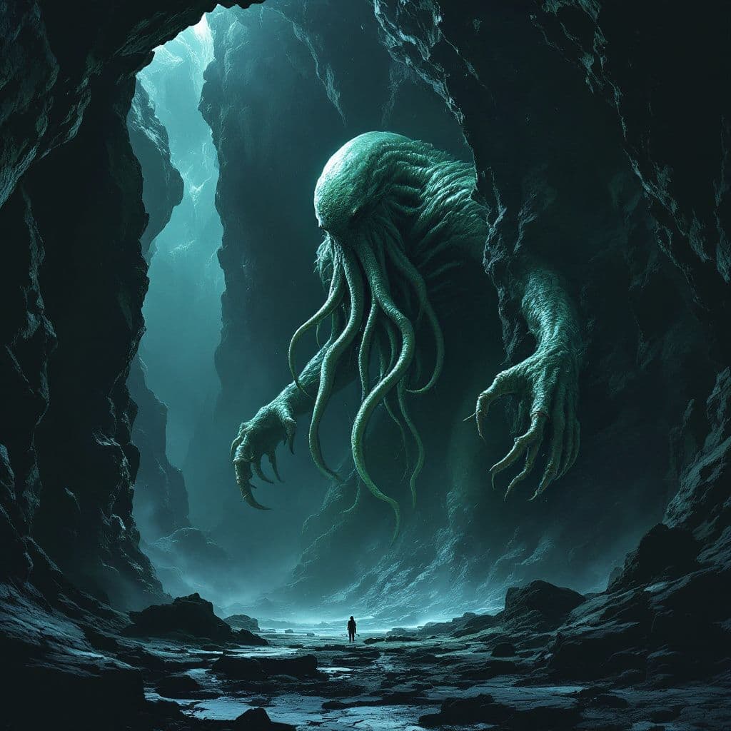 AI generated: cthulu, the future, the background resembles a monstruous cave, the style is ultra-realistic, ultra ...