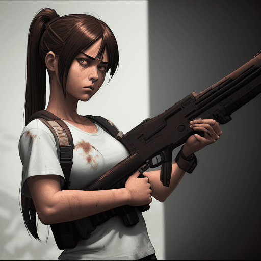 AI generated: a girl with white shirt and gun, in the style of comic book-style art, rendered in maya, junglecore,...