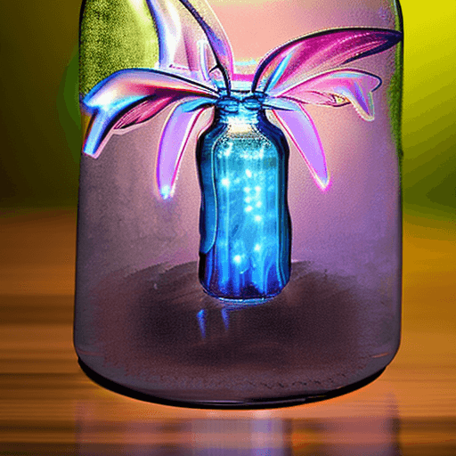 AI generated: In a softly lit room, a captivating fairy is delicately suspended within a glass jar, emanating a ge...