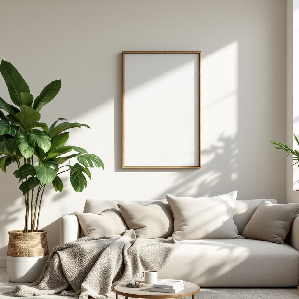 AI generated: A realistic, minimalistic living room with modern furniture in neutral tones, complemented by lush, ...